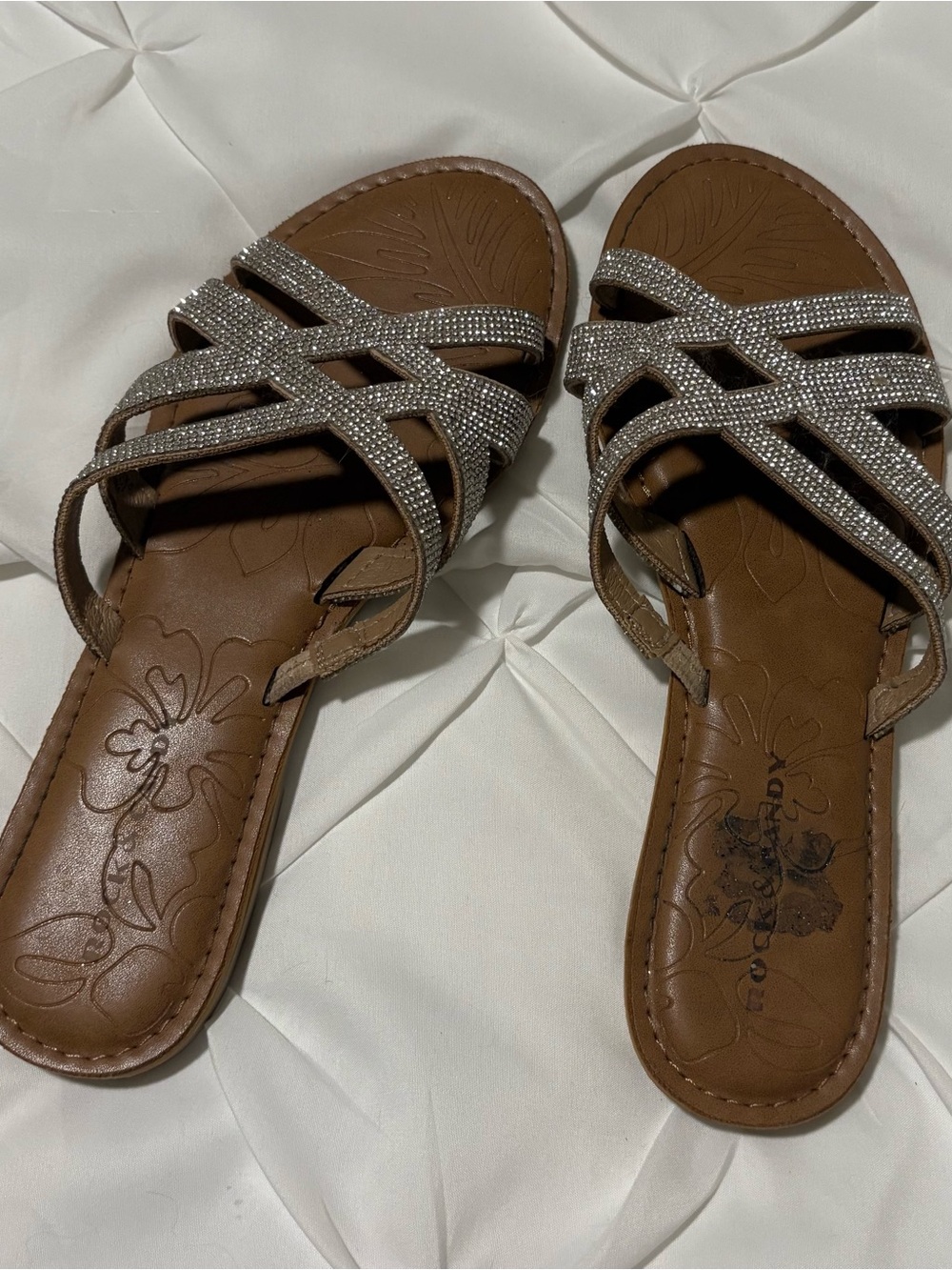 Rock & Candy Women’s Brown Rhinestone Slip-On Slide Sandals, Size 9